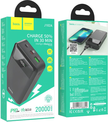 Мобильный аккумулятор Hoco J102A Cool figure 20000mAh QC/PD 20W 5A USB-A/USB-C черный (J102A COOL FIGURE BLACK)