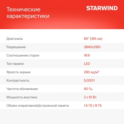 Телевизор LED Starwind 65" SW-LED65UG402 Яндекс.ТВ Frameless черный 4K Ultra HD 60Hz DVB-T DVB-T2 DVB-C DVB-S DVB-S2 USB WiFi Smart TV