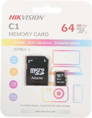 Флеш карта microSDXC 64GB Hikvision HS-TF-C1(STD)/64G/Adapter + adapter