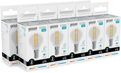 Лампа филам. Gauss Filament 10Вт цок.:E14 шар 220B св.свеч.бел.нейт. (упак.:10шт) (52120)