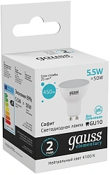 Лампа светодиодная Gauss 5.5Вт цок.:GU10 рефлек. 220B св.свеч.бел.нейт. MR16 (упак.:1шт) (13626)