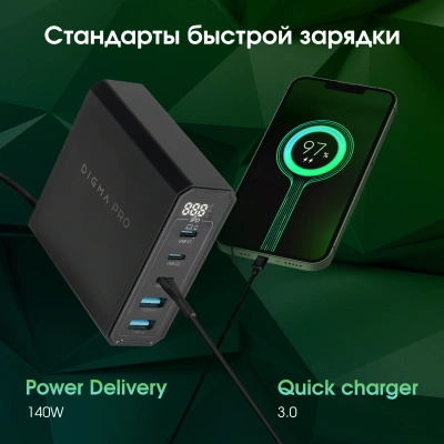 Настольное зар./устр. Digma Pro DPW10A 140W 5A (PD+QC) 3хUSB-C/2xUSB-A универсальное черный (DPW1A4G024BK)