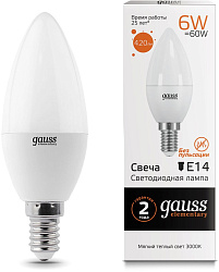 Лампа светодиодная Gauss Elementary 6Вт цок.:E14 свеча 220B св.свеч.бел.теп. C37 (упак.:10шт) (33116)