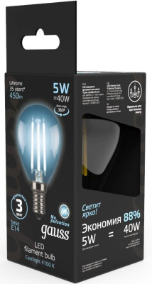 Лампа филам. Gauss Filament 5Вт цок.:E14 свеча 220B 4100K св.свеч.бел.нейт. (упак.:1шт) (105801205)