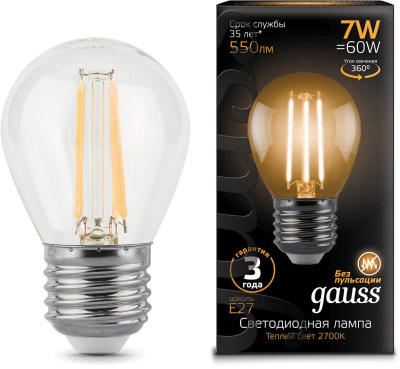 Лампа филам. Gauss 7Вт цок.:E27 шар 220B 2700K св.свеч.бел.теп. G45 (упак.:10шт) (105802107)