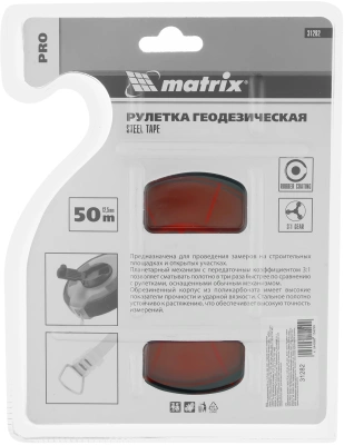Рулетка геодезическая Matrix 31282 дл.полотна 50м изм.шкала в см зацеп простой красный/черный