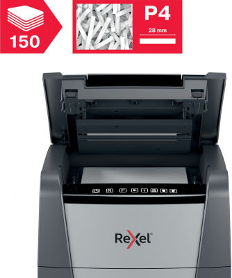 Шредер Rexel Optimum AutoFeed 150X черный с автоподачей (секр.P-4) фрагменты 150лист. 44лтр. скрепки скобы пл.карты