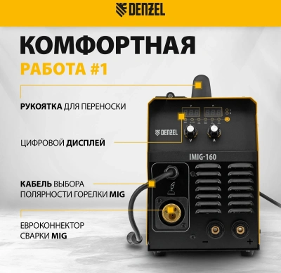 Сварочный полуавтомат Denzel IMIG-160 Synergy инвертор ММА/TIG MIG/MAG 4.5кВт
