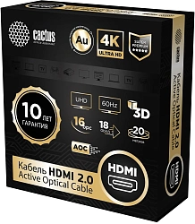Кабель аудио-видео Cactus CS-HDMI-AOC-2-20 HDMI (m)/HDMI (m) 20м. позолоч.конт. черный