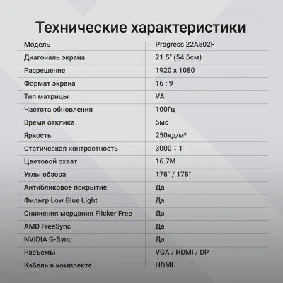 Монитор Digma 21.5" Progress 22A502F белый VA LED 16:9 HDMI M/M матовая 250cd 178гр/178гр 1920x1080 100Hz G-Sync FreeSync VGA DP FHD 2.07кг