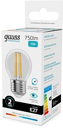Лампа филам. Gauss Filament 12Вт цок.:E27 шар 220B св.свеч.бел.нейт. (упак.:10шт) (52222)