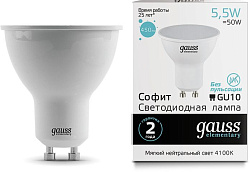Лампа светодиодная Gauss Elementary MR16 5.5Вт цок.:GU10 спот 220B св.свеч.бел.нейт. (упак.:10шт) (13626)