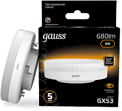 Лампа светодиодная Gauss 8Вт цок.:GX53 таблетка 220B св.свеч.бел.теп. Tablet (упак.:10шт) (108008108)