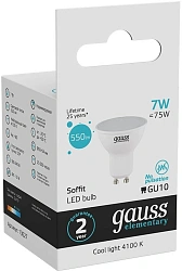 Лампа светодиодная Gauss 7Вт цок.:GU10 рефлек. 220B св.свеч.бел.нейт. MR16 (упак.:1шт) (13627)