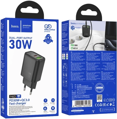 Сетевое зар./устр. Hoco Gentle PD30W+QC3.0 30W 3A (PD+QC) USB/USB Type-C универсальное черный (44358)