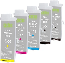 Картридж перезаправляемый струйный Cactus CS-R-PFI321SET-CHIP/черный/черный матовый/голубой/желтый/пурпурный набор 5шт.упак. для Canon imagePROGRAF TM-250/255/350/355 с чипом