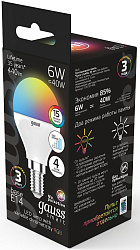 Лампа светодиодная Gauss 105101406 6Вт цок.:E14 шар 220B св.свеч.RGB (упак.:1шт)