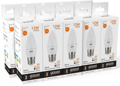 Лампа светодиодная Gauss Elementary 30212 12Вт цок.:E27 свеча 220B 3000K св.свеч.бел.теп. (упак.:10шт)