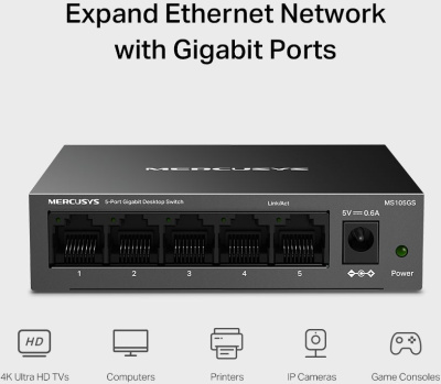 Коммутатор Mercusys MS105GS (L2) 5x1Гбит/с неуправляемый