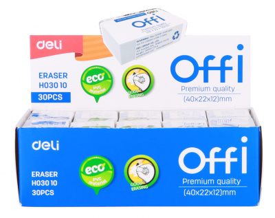 Ластик Deli EH03010 Offi 40x22x12мм ПВХ белый индивидуальная картонная упаковка