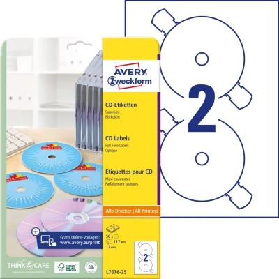 Этикетки Avery Zweckform CD/DVD L7676-25 A4/196г/м2/50л./белый супер глянец самоклей. для лазерной печати