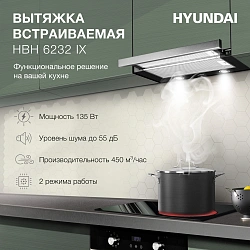 Вытяжка встраиваемая Hyundai HBH 6232 IX нержавеющая сталь/черный управление: кнопочное (1 мотор)