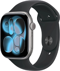 Смарт-часы Apple Watch Series 11 A3333 46мм OLED корп.серый космос Sport Band рем.черный разм.брасл.:S/M (MEV04LW/A)