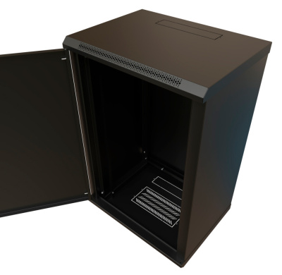 Шкаф коммутационный WRline (WR-TW-1845-SR-RAL9004) настенный 18U 600x450мм пер.дв.металл 2 бок.пан. направл.под винты 60кг черный 370мм 908мм IP20 сталь