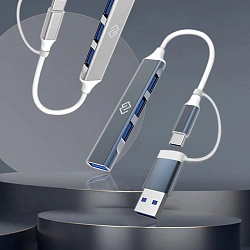 Разветвитель USB-C + USB-A Digma DHUB-4USB-AC-3.0 4порт. серебристый