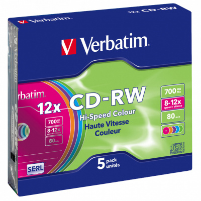 Диск CD-RW Verbatim 700Mb 12x Slim case (5шт) Color (43167)