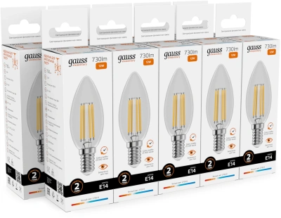 Лампа филам. Gauss Filament 12Вт цок.:E14 свеча 220B св.свеч.бел.теп. (упак.:10шт) (32112)