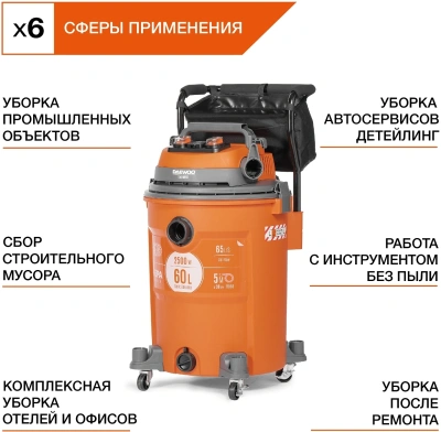Строительный пылесос Daewoo DAVC 2000S 1500Вт (уборка: сухая/сбор воды/выдув) оранжевый