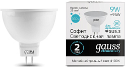 Лампа светодиодная Gauss Elementary MR16 9Вт цок.:GU5.3 спот 220B св.свеч.бел.нейт. MR16 (упак.:10шт) (13529)