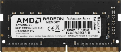 Память DDR4 4Gb 2666MHz AMD R744G2606S1S-U Radeon R7 Performance Series RTL PC4-21300 CL16 SO-DIMM 260-pin 1.2В Ret