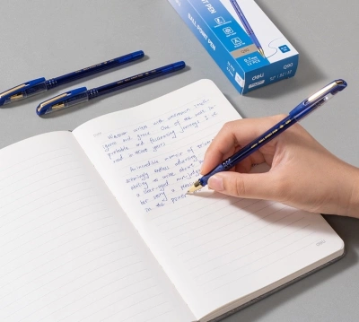 Ручка шариков. Deli EQ90 синий/золотистый d=0.7мм син. черн. карт.уп. резин. манжета чернила пониженной вязкости