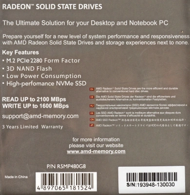 Накопитель SSD AMD PCIe 3.0 x4 480GB R5MP480G8 Radeon M.2 2280