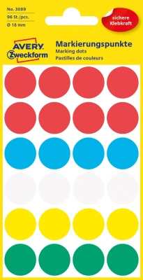 Этикетки Avery Zweckform 3089 24шт на листе диаметр 18мм/70г/м2/4л./ассорти самоклей. универсальная