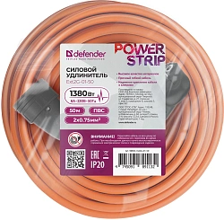 Удлинитель силовой Defender Ext2G-01-50 (99853) 2x0.75кв.мм 1розет. 50м ПВС 6A без катушки оранжевый