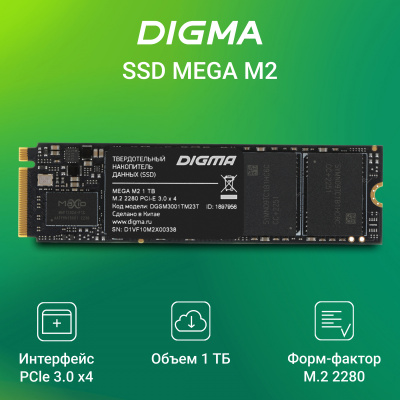 Накопитель SSD Digma PCIe 3.0 x4 1TB DGSM3001TM23T Mega M2 M.2 2280 0.6 DWPD