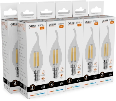 Лампа филам. Gauss Filament 10Вт цок.:E14 свеча 220B св.свеч.бел.теп. (упак.:10шт) (42110)