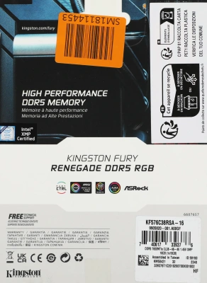 Память DDR5 16GB 7600MHz Kingston KF576C38RSA-16 Fury Renegade RGB RTL Gaming PC5-60800 CL38 DIMM 288-pin 1.45В single rank с радиатором Ret