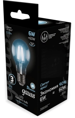 Лампа филам. Gauss Filament A60 6Вт цок.:E27 груша 220B св.свеч.бел.нейт. (упак.:10шт) (102802206)