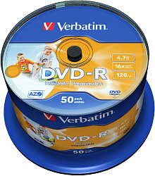Диск DVD-R Verbatim 4.7Gb 16x Cake Box (50шт) Printable (43533)