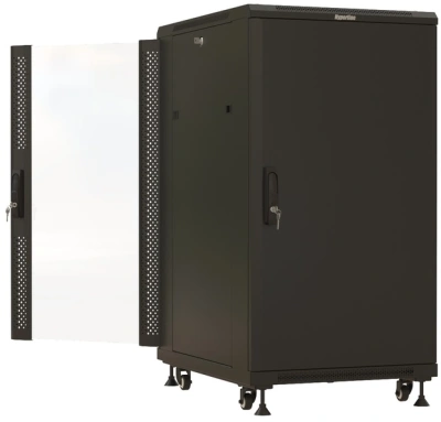 Шкаф серверный Hyperline (TTBR-2261-AS-RAL9004) напольный 22U 600x1000мм пер.дв.стекл 2 бок.пан. задн.дв.спл.стал.лист 1000кг черный 910мм 1166мм IP20 сталь
