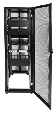Шкаф серверный ЦМО (ШТК-СП-42.6.10-44АА-9005) напольный 42U 600x990мм пер.дв.перфор. задн.дв.перфор. 2 бок.пан. направл.под закл.гайки 1350кг черный 690мм 139кг 120град. 1950мм IP20 сталь с силовыми розетками укомплектованный