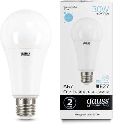 Лампа светодиодная Gauss Elementary A67 30Вт цок.:E27 груша 220B 6500K св.свеч.бел.хол. (упак.:1шт) (73239)