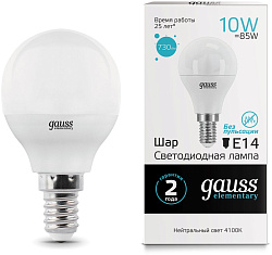 Лампа светодиодная Gauss Elementary 10Вт цок.:E14 шар 220B св.свеч.бел.нейт. (упак.:10шт) (53120)