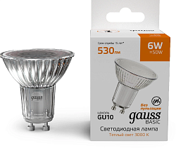 Лампа светодиодная Gauss Basic 6Вт цок.:GU10 софит 220B св.свеч.теп.св./дневн. (упак.:10шт) (10106162)