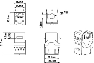 Модуль Hyperline KJ9-8P8C-C6-90-BK информ. KeystoneRJ45 1 кат.6 черн.