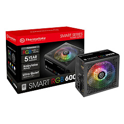 Блок питания Thermaltake ATX 600W Smart RGB 600 80+ white (20+4pin) APFC 120mm fan color LED 6xSATA RTL